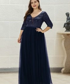 Ever-Pretty US Women's V-Neck Floor Length Sparkly Evening Dress With Sleeve