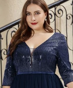 Ever-Pretty US Women's V-Neck Floor Length Sparkly Evening Dress With Sleeve