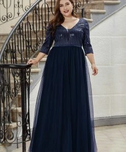 Ever-Pretty US Women's V-Neck Floor Length Sparkly Evening Dress With Sleeve