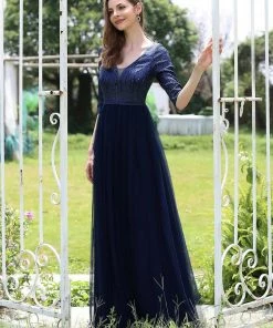 Ever-Pretty US Women's V-Neck Floor Length Sparkly Evening Dress With Sleeve