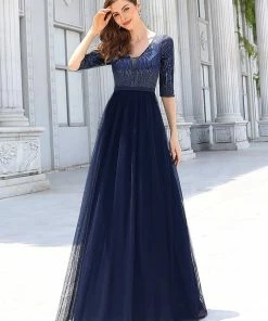 Ever-Pretty US Women's V-Neck Floor Length Sparkly Evening Dress With Sleeve