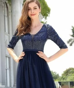 Ever-Pretty US Women's V-Neck Floor Length Sparkly Evening Dress With Sleeve