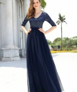 Ever-Pretty US Women's V-Neck Floor Length Sparkly Evening Dress With Sleeve