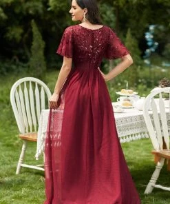 Ever-Pretty US Custom Size Women's A-Line Sequin Leaf Maxi Prom Dress With Sleeves