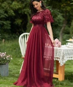 Ever-Pretty US Custom Size Women's A-Line Sequin Leaf Maxi Prom Dress With Sleeves