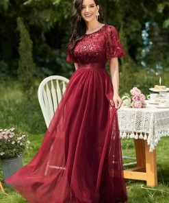 Ever-Pretty US SHOP BY OCCASION Women's A-Line Sequin Leaf Maxi Prom Dress With Sleeves