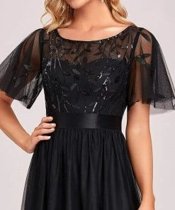 Ever-Pretty US Custom Size Women's A-Line Sequin Leaf Maxi Prom Dress With Sleeves