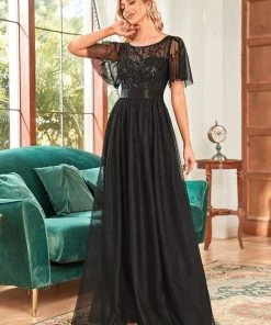 Ever-Pretty US Custom Size Women's A-Line Sequin Leaf Maxi Prom Dress With Sleeves