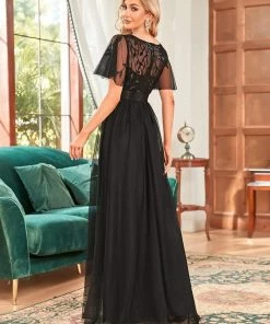 Ever-Pretty US SHOP BY OCCASION Women's A-Line Short Sleeve Embroidery Floor Length Evening Dresses