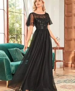 Ever-Pretty US SHOP BY OCCASION Women's A-Line Short Sleeve Embroidery Floor Length Evening Dresses