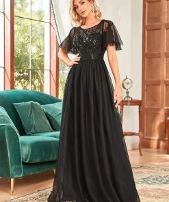 Ever-Pretty US SHOP BY OCCASION Women's A-Line Short Sleeve Embroidery Floor Length Evening Dresses