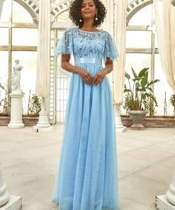 Ever-Pretty US SHOP BY OCCASION Women's A-Line Short Sleeve Embroidery Floor Length Evening Dresses