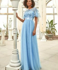 Ever-Pretty US Custom Size Women's A-Line Sequin Leaf Maxi Prom Dress With Sleeves