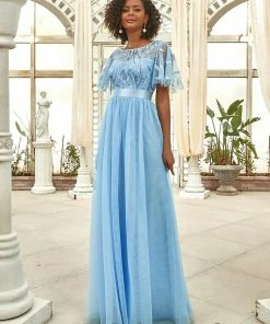 Ever-Pretty US Custom Size Women's A-Line Sequin Leaf Maxi Prom Dress With Sleeves