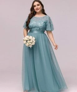 Ever-Pretty US SHOP BY OCCASION Women's A-Line Sequin Leaf Maxi Prom Dress With Sleeves