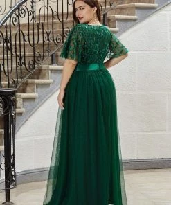 Ever-Pretty US Custom Size Women's A-Line Sequin Leaf Maxi Prom Dress With Sleeves