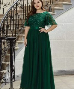 Ever-Pretty US Custom Size Women's A-Line Sequin Leaf Maxi Prom Dress With Sleeves