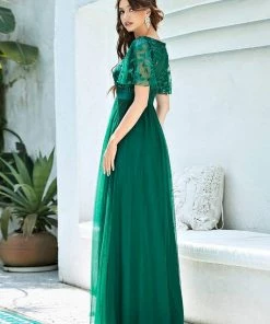Ever-Pretty US Custom Size Women's A-Line Sequin Leaf Maxi Prom Dress With Sleeves