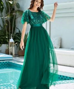 Ever-Pretty US Custom Size Women's A-Line Sequin Leaf Maxi Prom Dress With Sleeves