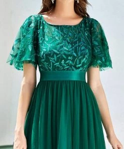 Ever-Pretty US Custom Size Women's A-Line Sequin Leaf Maxi Prom Dress With Sleeves