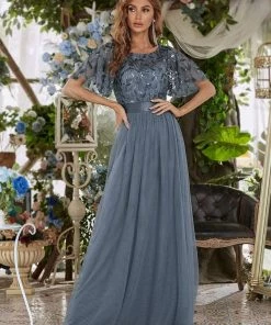 Ever-Pretty US Custom Size Women's A-Line Sequin Leaf Maxi Prom Dress With Sleeves