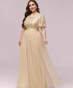 Ever-Pretty US SHOP BY OCCASION Women's A-Line Sequin Leaf Maxi Prom Dress With Sleeves