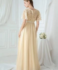 Ever-Pretty US Custom Size Women's A-Line Sequin Leaf Maxi Prom Dress With Sleeves