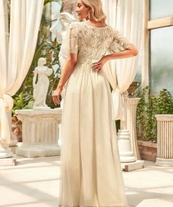 Ever-Pretty US SHOP BY OCCASION Women's A-Line Sequin Leaf Maxi Prom Dress With Sleeves