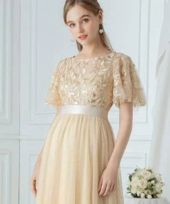 Ever-Pretty US Custom Size Women's A-Line Sequin Leaf Maxi Prom Dress With Sleeves