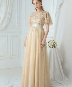 Ever-Pretty US Custom Size Women's A-Line Sequin Leaf Maxi Prom Dress With Sleeves