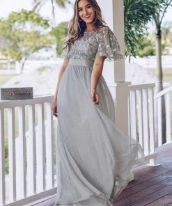 Ever-Pretty US Custom Size Women's A-Line Sequin Leaf Maxi Prom Dress With Sleeves