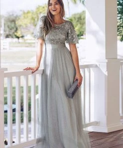 Ever-Pretty US SHOP BY OCCASION Women's A-Line Short Sleeve Embroidery Floor Length Evening Dresses