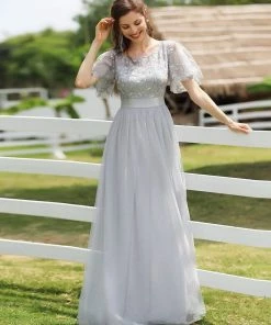 Ever-Pretty US SHOP BY OCCASION Women's A-Line Sequin Leaf Maxi Prom Dress With Sleeves