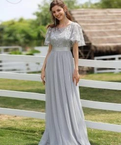 Ever-Pretty US SHOP BY OCCASION Women's A-Line Sequin Leaf Maxi Prom Dress With Sleeves