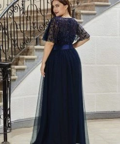 Ever-Pretty US SHOP BY OCCASION Women's A-Line Sequin Leaf Maxi Prom Dress With Sleeves