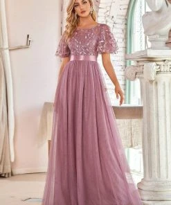 Ever-Pretty US Custom Size Women's A-Line Sequin Leaf Maxi Prom Dress With Sleeves