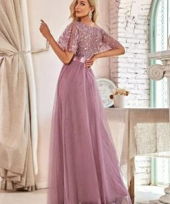 Ever-Pretty US SHOP BY OCCASION Women's A-Line Sequin Leaf Maxi Prom Dress With Sleeves