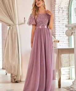 Ever-Pretty US Custom Size Women's A-Line Sequin Leaf Maxi Prom Dress With Sleeves