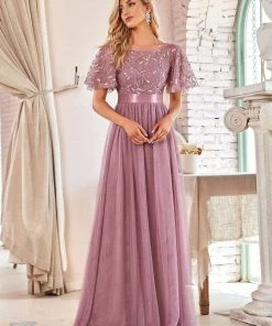 Ever-Pretty US Custom Size Women's A-Line Sequin Leaf Maxi Prom Dress With Sleeves