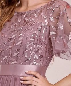 Ever-Pretty US Custom Size Women's A-Line Sequin Leaf Maxi Prom Dress With Sleeves