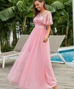 Ever-Pretty US Custom Size Women's A-Line Sequin Leaf Maxi Prom Dress With Sleeves