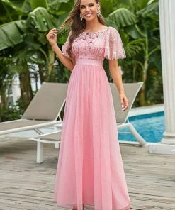 Ever-Pretty US Custom Size Women's A-Line Sequin Leaf Maxi Prom Dress With Sleeves