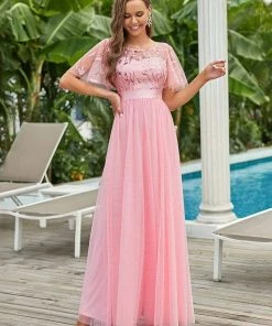 Ever-Pretty US SHOP BY OCCASION Women's A-Line Short Sleeve Embroidery Floor Length Evening Dresses