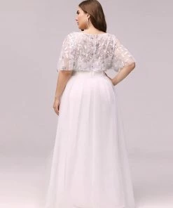Ever-Pretty US Summer Dresses 2022 Plus Size Embroidery Short Sleeves Flowy White Wedding Dress