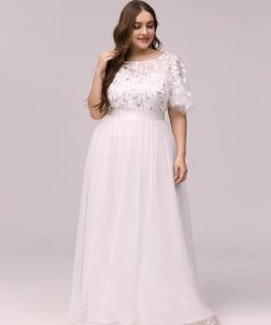 Ever-Pretty US Summer Dresses 2022 Plus Size Embroidery Short Sleeves Flowy White Wedding Dress