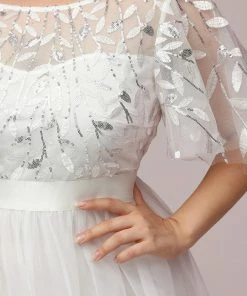 Ever-Pretty US Summer Dresses 2022 Plus Size Embroidery Short Sleeves Flowy White Wedding Dress