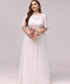 Ever-Pretty US Summer Dresses 2022 Plus Size Embroidery Short Sleeves Flowy White Wedding Dress