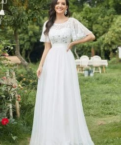 Ever-Pretty US Summer Dresses 2022 Elegant A-Line Short Sleeve Sequin Leaf Causal Wedding Dress