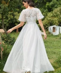 Ever-Pretty US Summer Dresses 2022 Elegant A-Line Short Sleeve Sequin Leaf Causal Wedding Dress