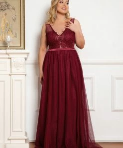 Ever-Pretty US Plus Size Women's A-Line V-Neck Floral Lace Appliques Bridesmaid Dress